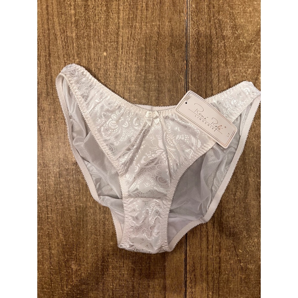 Vintage Rene Rofe Lingerie White Paisley Satin High Leg Bikini Panty Size 7 NWT